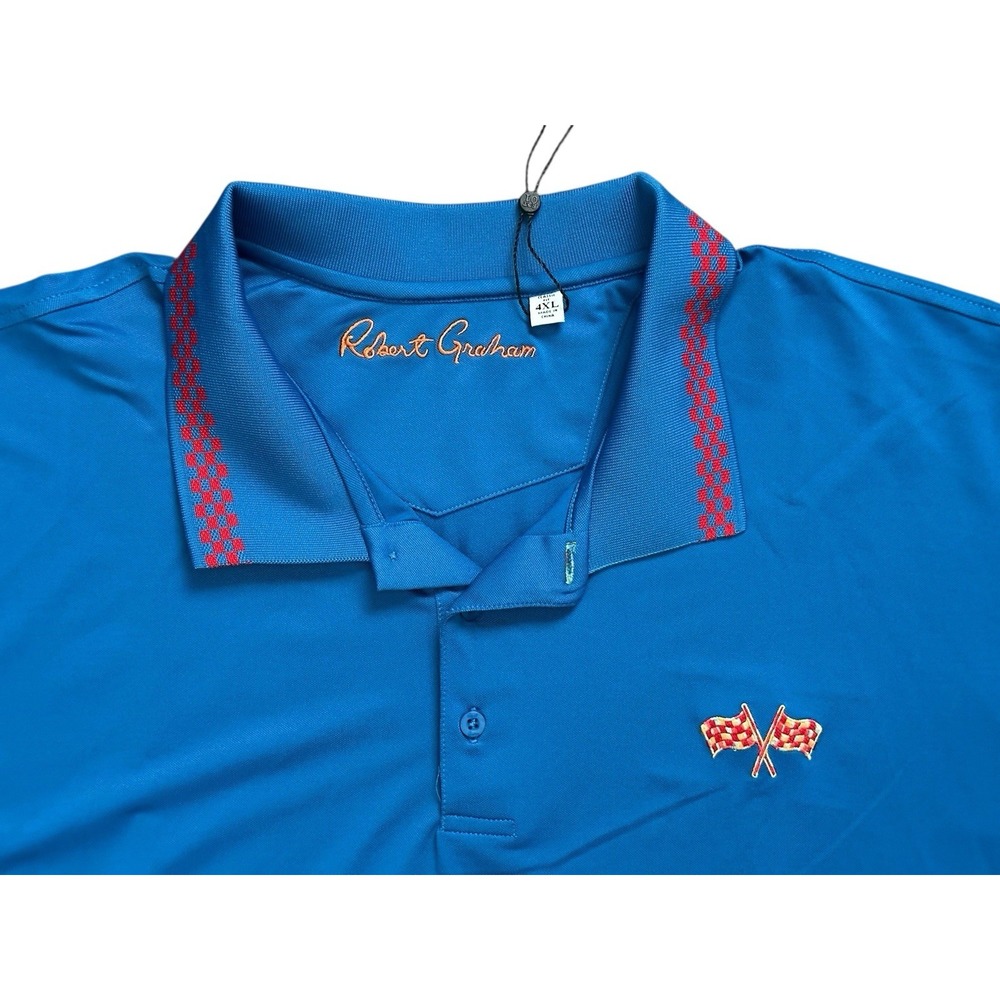 Robert‎ Graham Men's Performance Golf Racing Flags Cobalt Blue Polo Shirt Sz 4XL